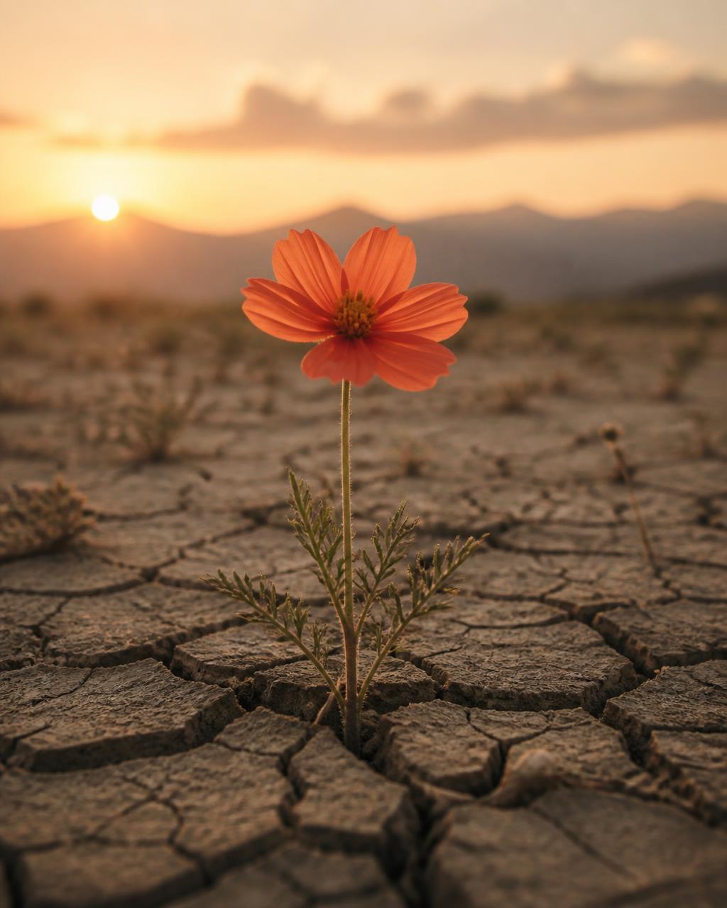 A single orange bloom growing through cracked desert earth at sunset